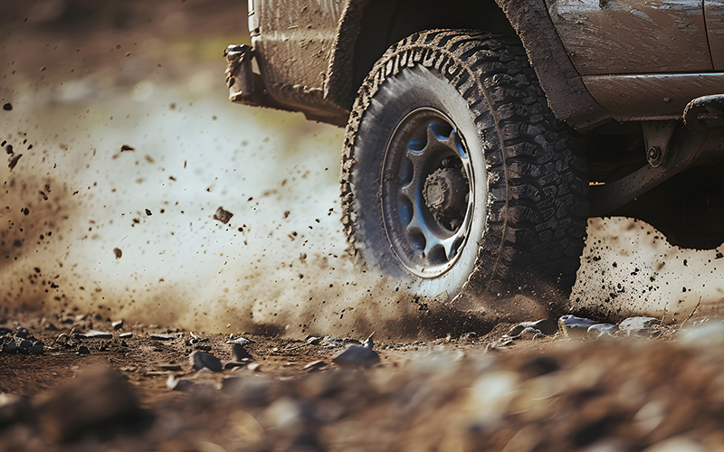 Close-up of four-wheel-drive vehicle off-road tires navigating a Close-up of four-wheel-drive vehicle off-road tires navigating a